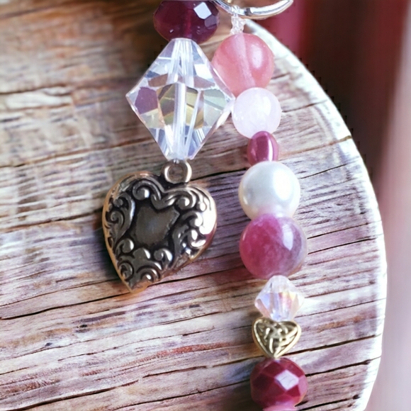 Rose Quartz, Crystal & Gold Handcrafted Keychain w Heart Fob - Picture 2 of 5